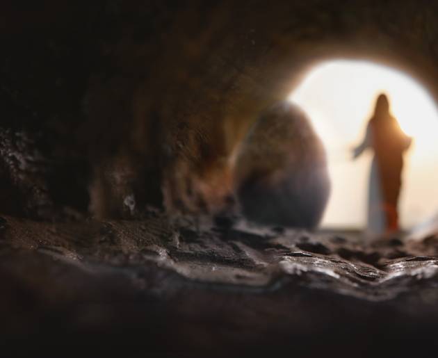 Far away picture showing Jesus Christ leaving the tomb